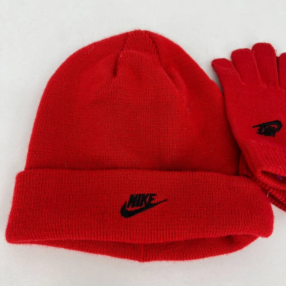 Nike Youth Red Knit Beanie and Gloves Set Embroidered Swoosh Logo